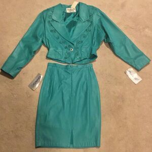 NWT Vintage Dero Enterprises by Rocco D’Amelio Leather Teal Jacket & Skirt Set